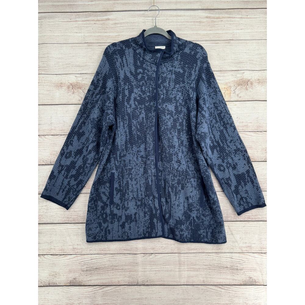 PureJill Tech Camo Print Knit‎ Cardigan Sweater Womens Large Blue Snap Collar